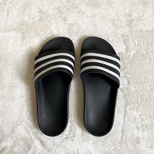 Black and White Striped Adidas Adilette Slides